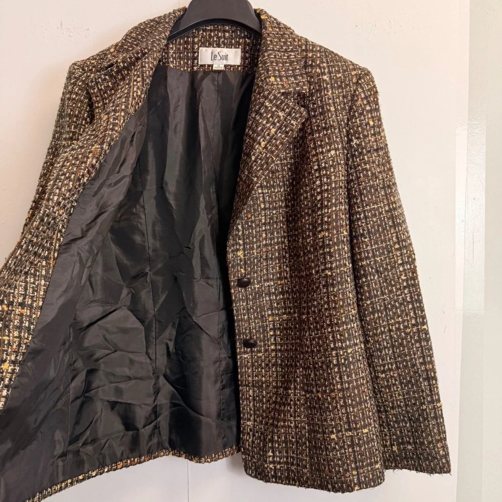 Le Suit Womens Brown Multi Tweed Skirt Suit Set Blazer Pencil Skirt Size 12